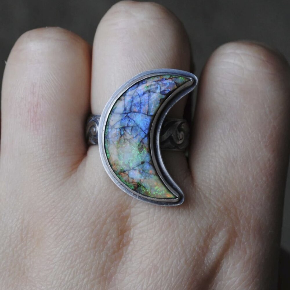 Monarch Opal Crescent Moon Ring